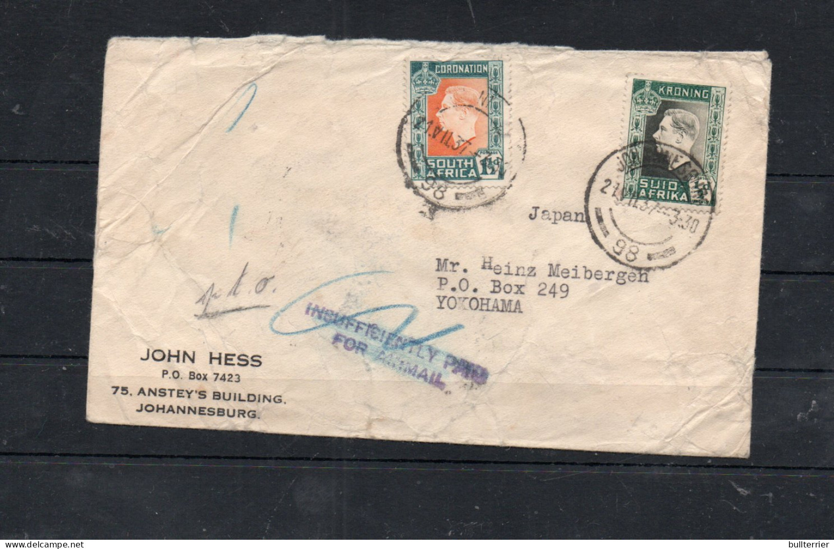 SOUTH AFRICA - 1937 - AIRMAIL COVER TO YOKOHAME JAPAN VIA HONG KONG,INSUFFICIENTL   WITH BACKSTAMPS - Cartas & Documentos