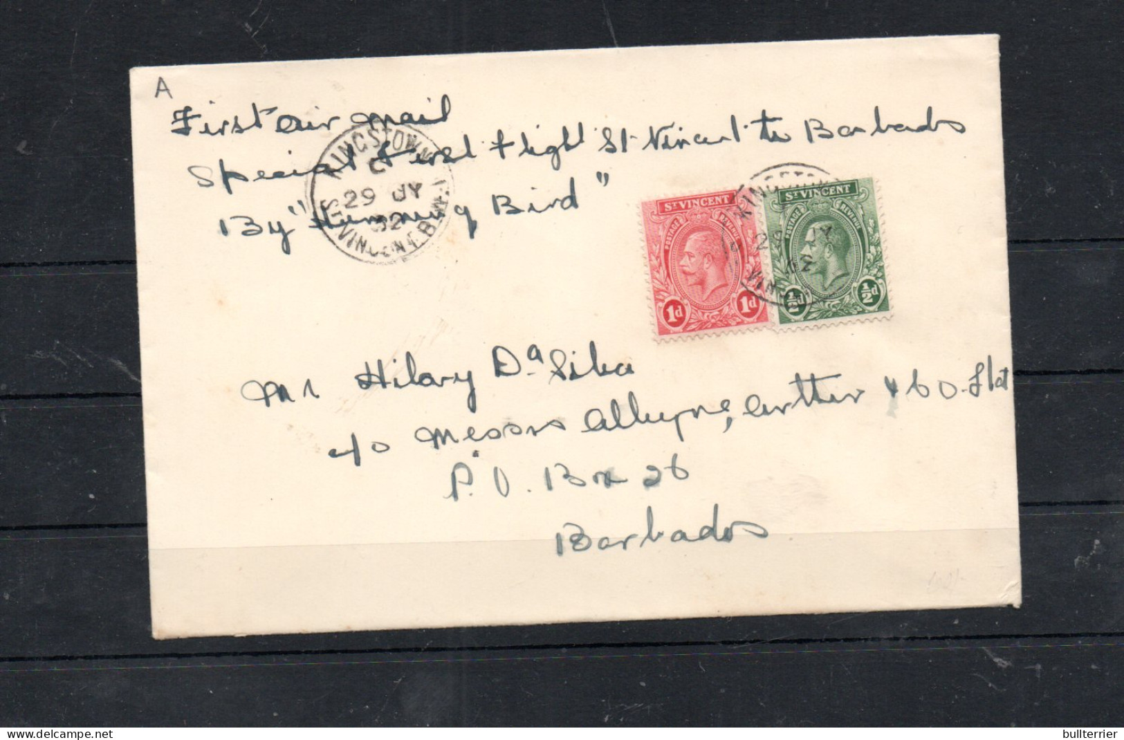 ST VINCENT - 1932- HUMMING BIRD FIRST FLGHT COVER TO BARBADOS WITH BACKSTAMPS, LETTER INSIDE SCARCE ITEM - St.Vincent (...-1979)