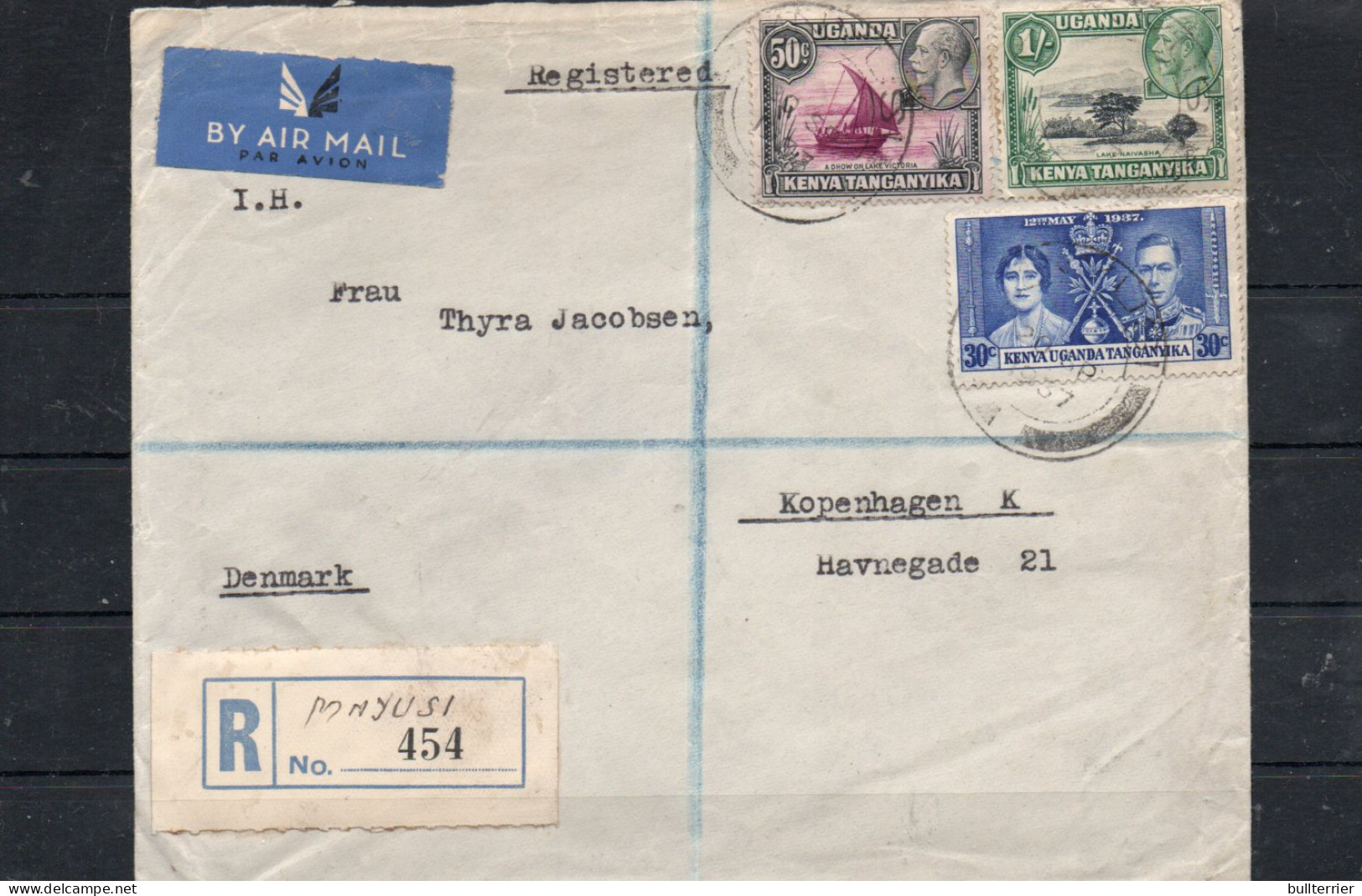 K.U.T -1937 - REG AIRMAIL COVER MNYUSI LABEL TO DENMARK, VIA ITALY VARIOUS  BACKSTAMPS - Kenya, Uganda & Tanganyika