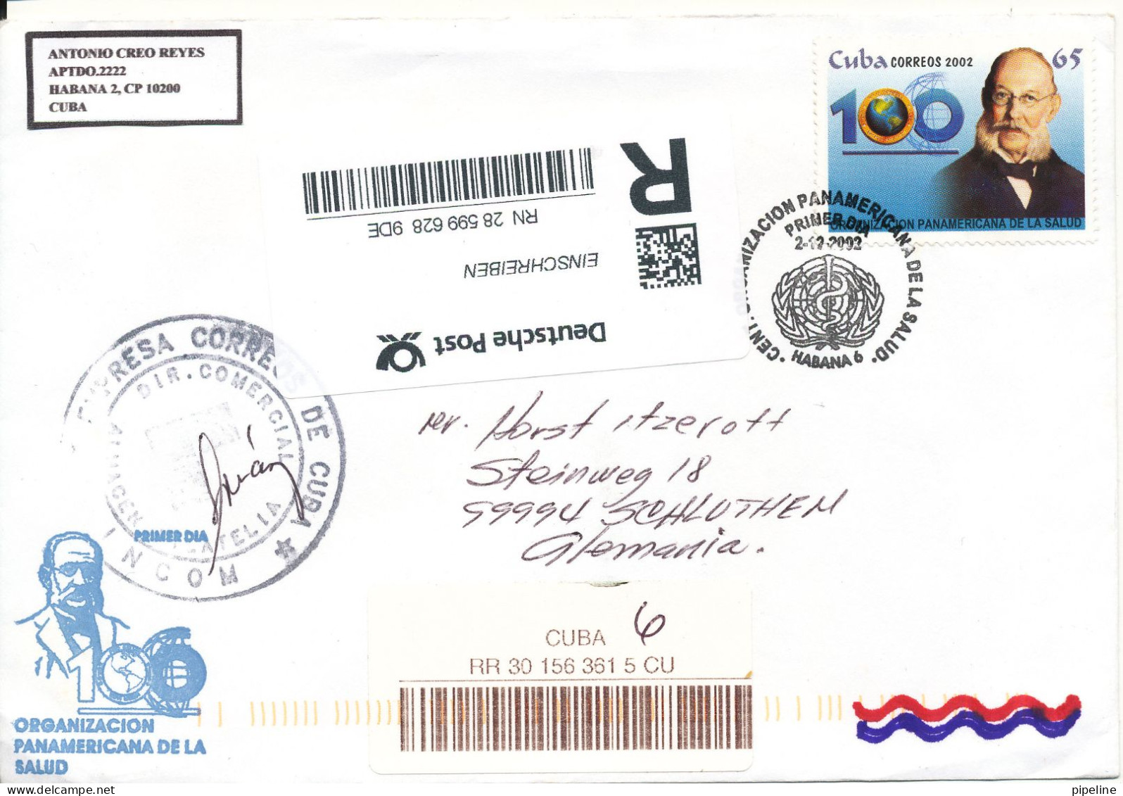Cuba Registered FDC 2-12-2002 Uprated And Sent To Germany With Topic Stamp On The Backside Of The Cover - FDC