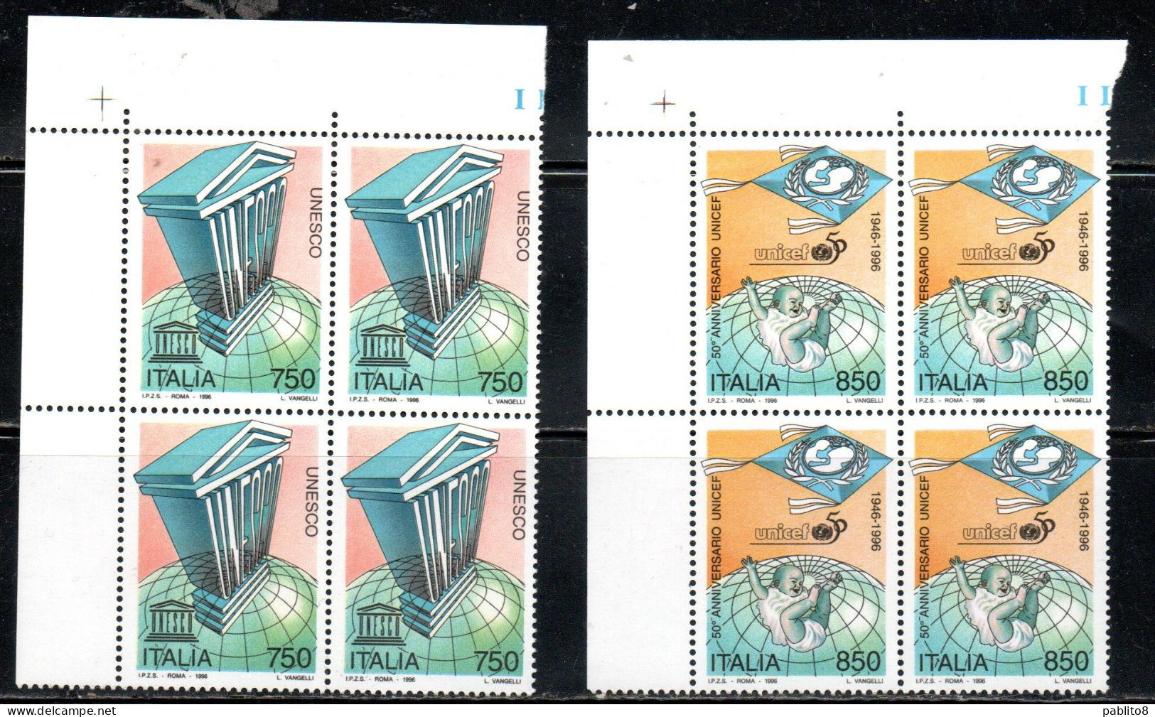 ITALIA REPUBBLICA ITALY REPUBLIC 1996 UNESCO E UNICEF SERIE COMPLETA SET QUARTINA ANGOLO DI FOGLIO BLOCK MNH - 1991-00: Neufs