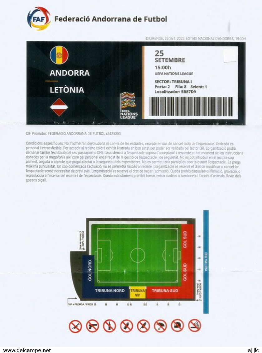 FOOTBALL.UEFA NATIONS LEAGUE. ANDORRA-LETTONIE. Estadi Nacional-Andorre-la-Vieille Ligue D - Groupe 1. 25 Septembre 2022 - Tickets - Vouchers