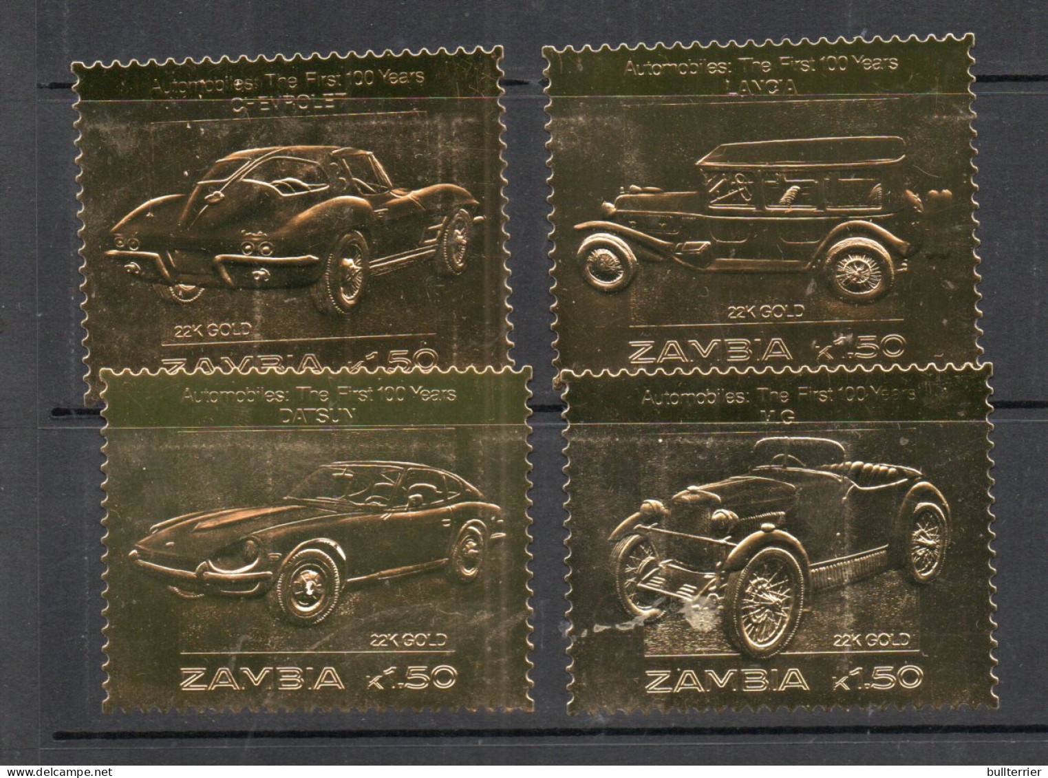 ZAMBIA - 1987 - CLASSIC CARS SET OF 4 GOLD  FOIL EMBOSSED  MINT NEVER HINGED  - Piccioni & Colombe