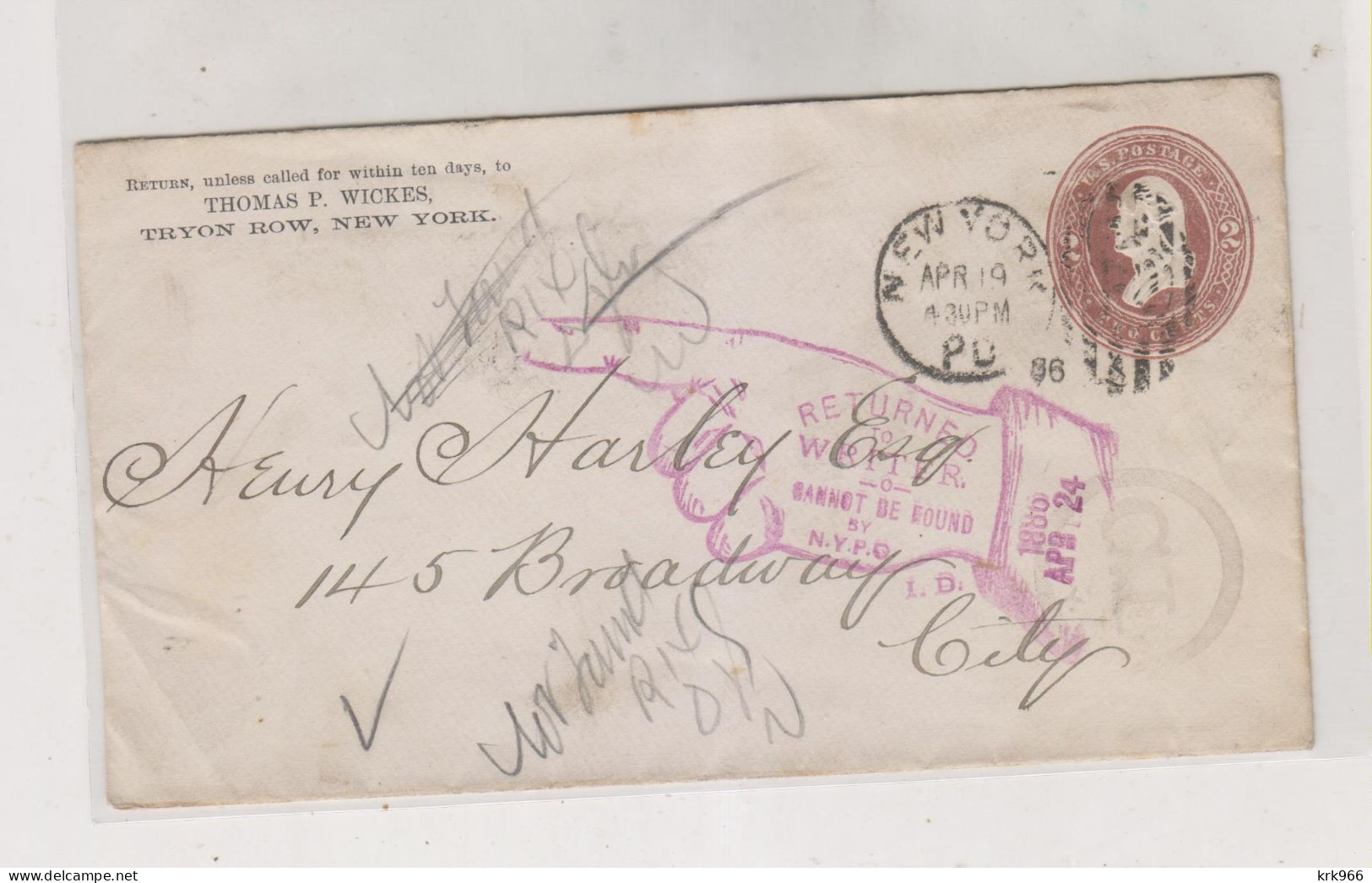 UNITED STATES  NEW YORK 1886 Nice Postal Stationery Cover Returned - ...-1900