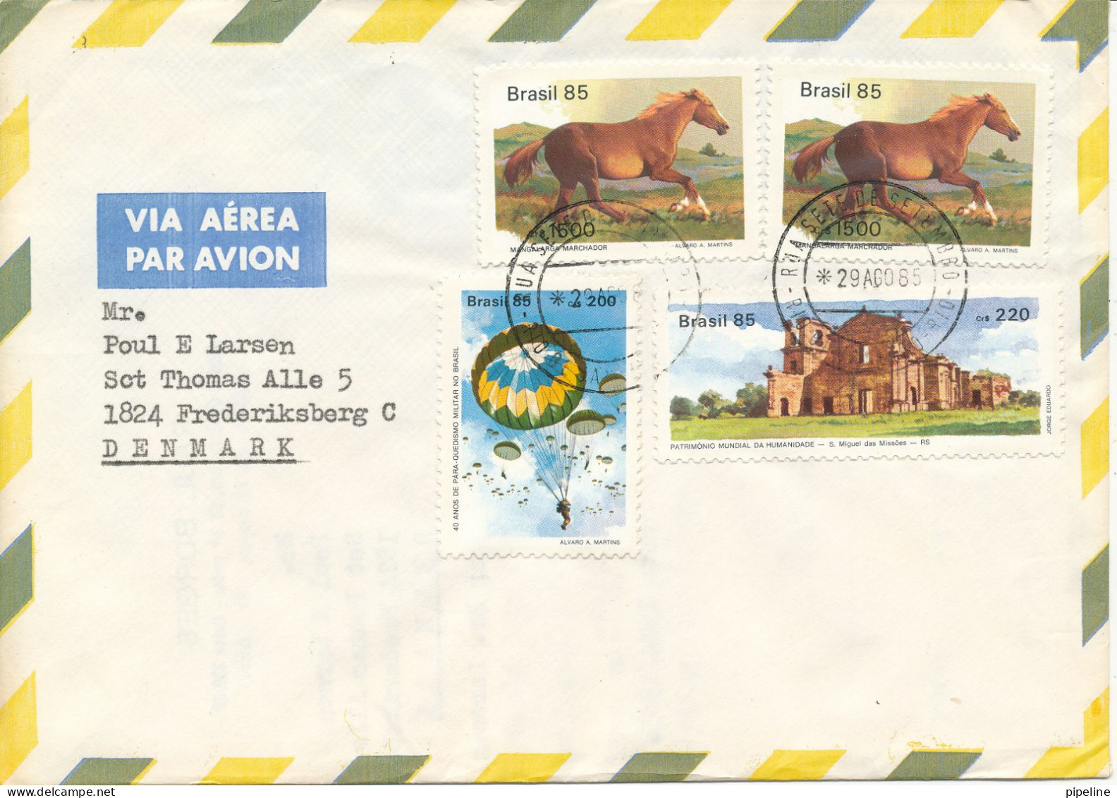 Brazil Air Mail Cover Sent To Denmark 29-8-1985 With More Topic Stamps - Aéreo