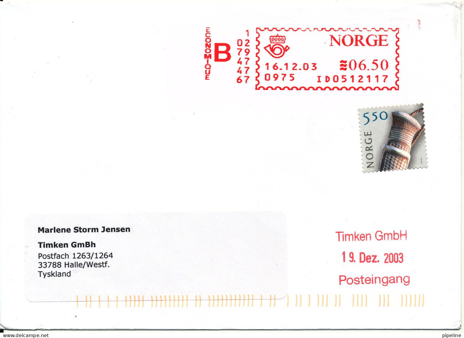 Norway Cover With Red Meter Cancel And A Stamp Sent To Denmark 16-12-2003 - Cartas & Documentos