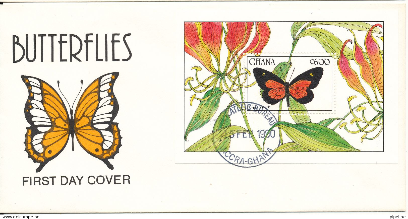 Ghana FDC 15-2-1990 Butterfly Souvenir Sheet With Cachet - Ghana (1957-...)