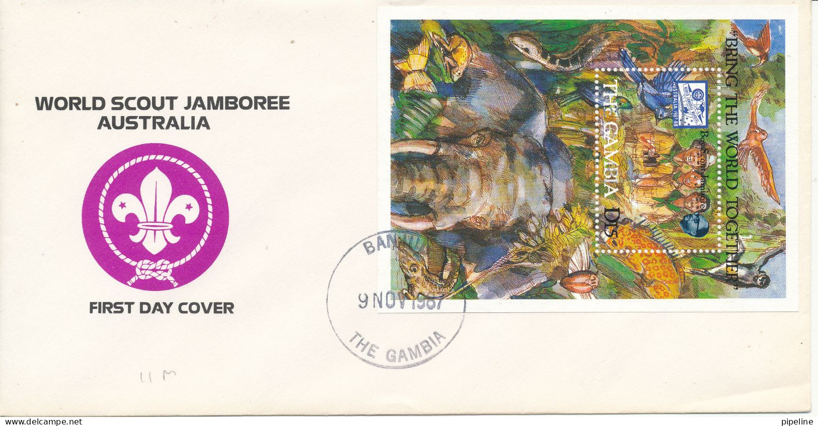 Gambia FDC 9-11-1987 Souvenir Sheet  WORLD SCOUT JAMBOREE AUSTRALIA 1987 With Cachet - Covers & Documents