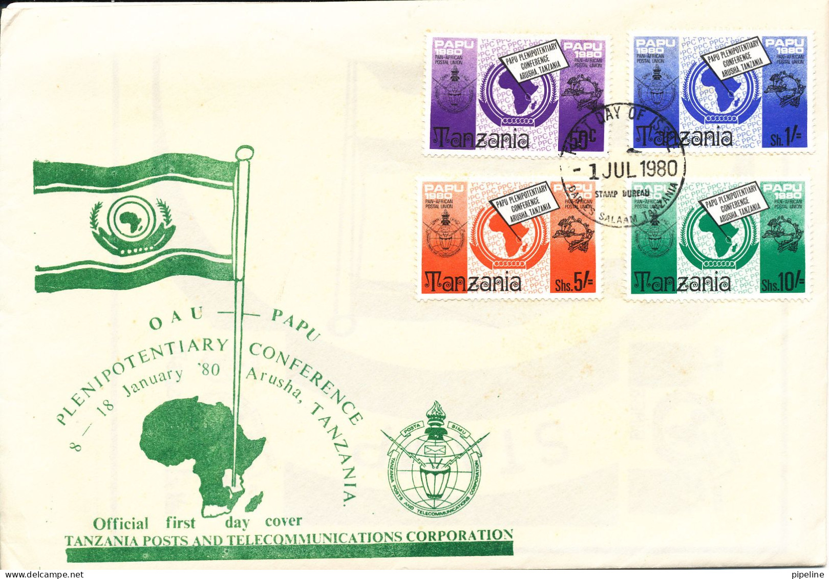 Tanzania FDC 1-7-1980 OAU PAPU (UPU) Complete Set Of 4 With Cachet - Tanzania (1964-...)