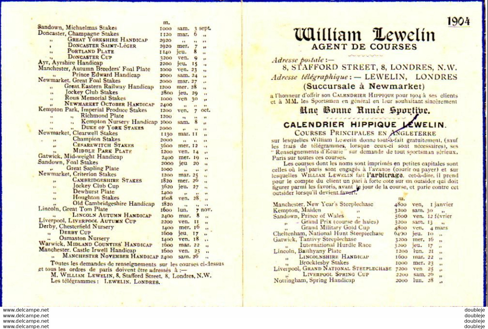 CALENDRIER HIPPIQUE LEWELIN Pour 1904  En Angleterre - Tamaño Pequeño : 1901-20