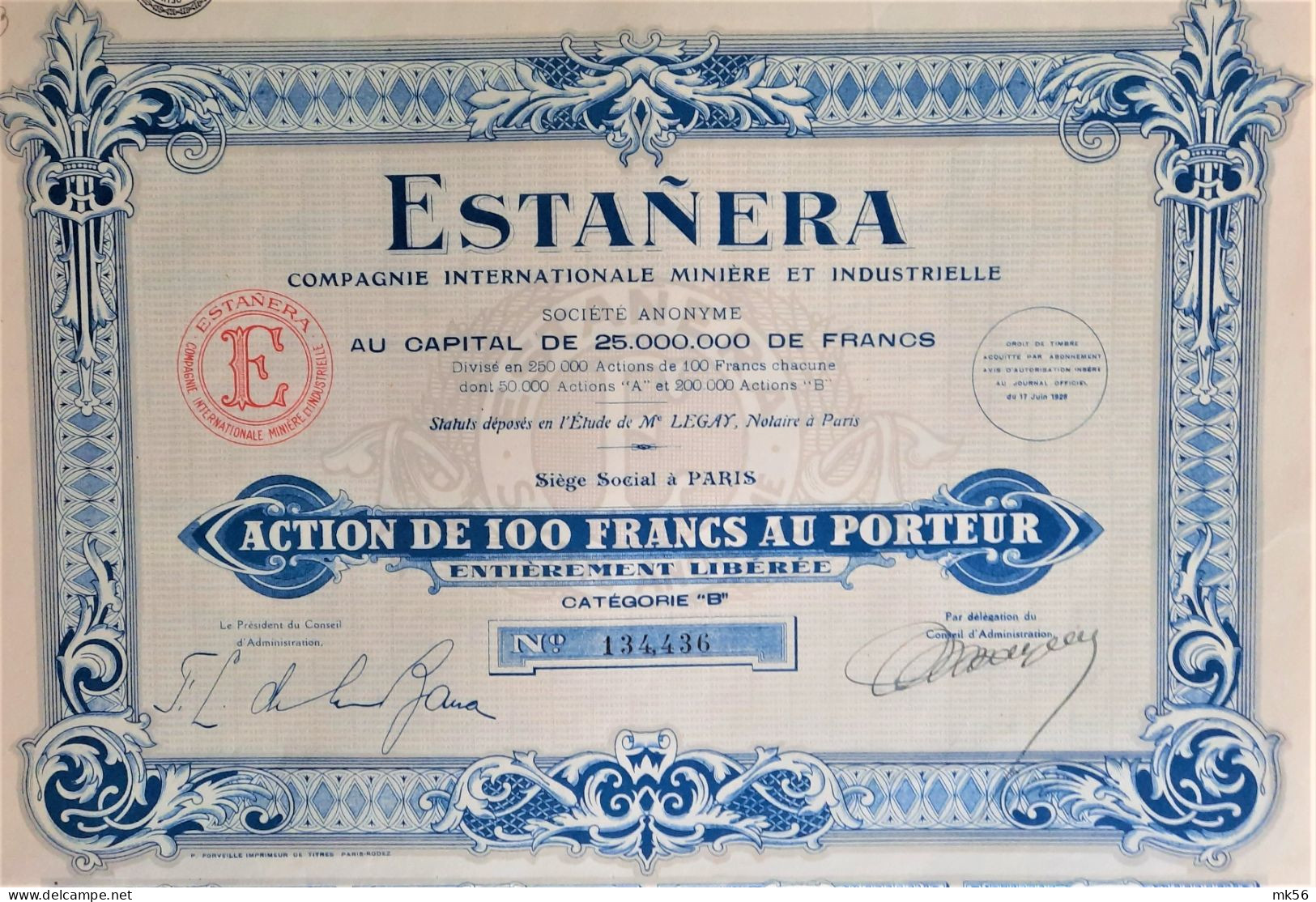 Estanera - Cie Internationale Minière Et Industrielle - 1928 - Paris - Action De 100 Francs - Mines