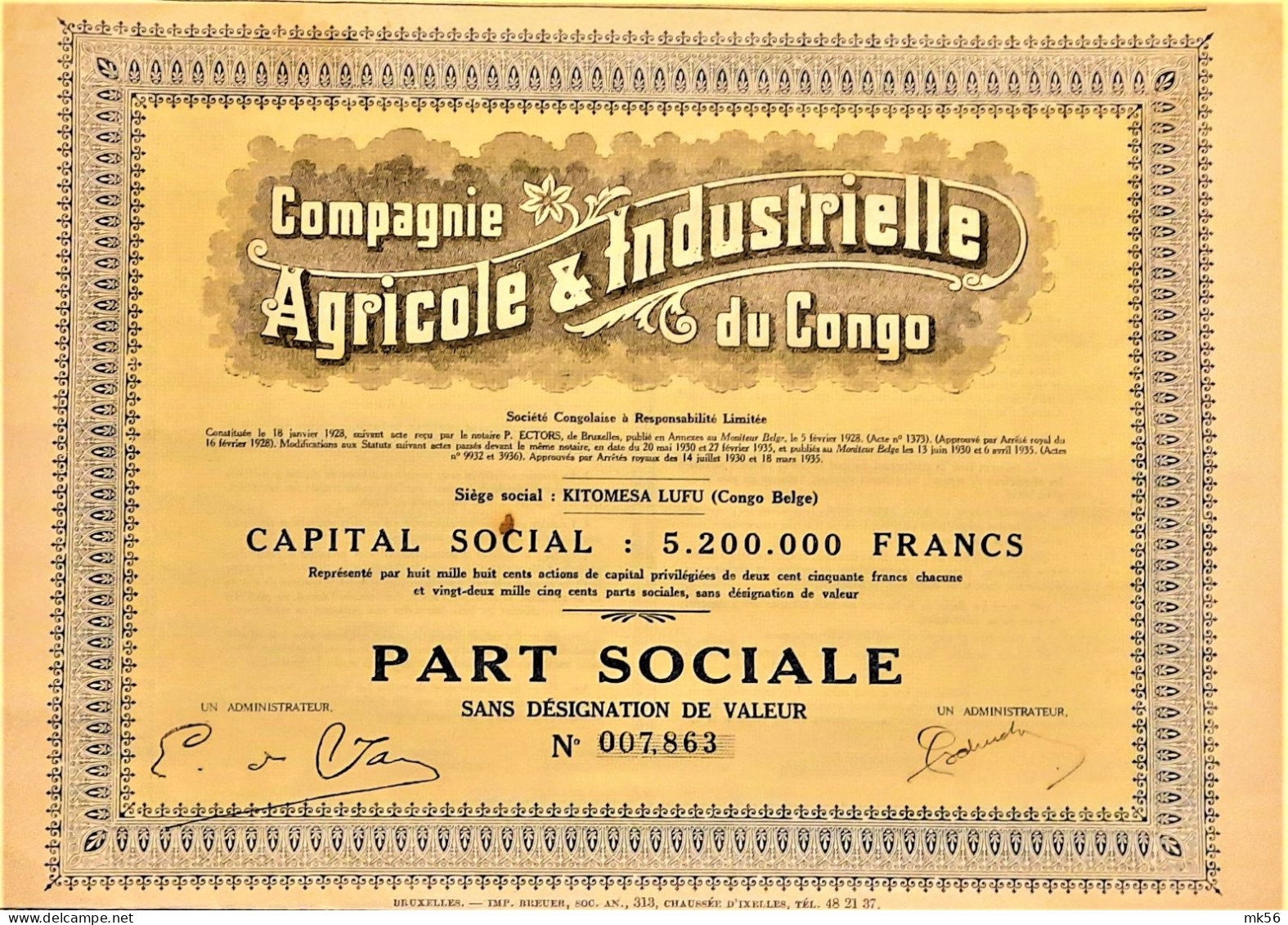 Compagnie Agricole Et Industrielle Du Congo - Kitomesa Lufu  - Part Sociale  (1935) - Afrique