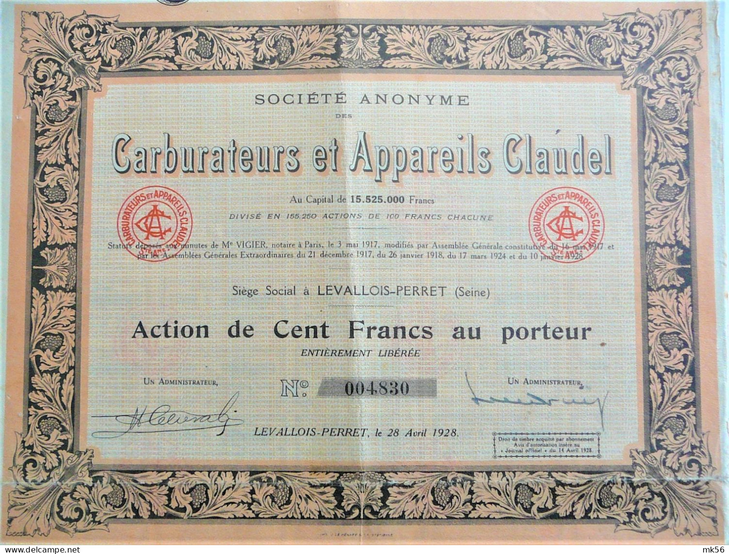 S.A. Carburateurs Et Appareils Claudel - Act. De 100fr Au P. (Levallois - Peret (Seine)) - Automobilismo