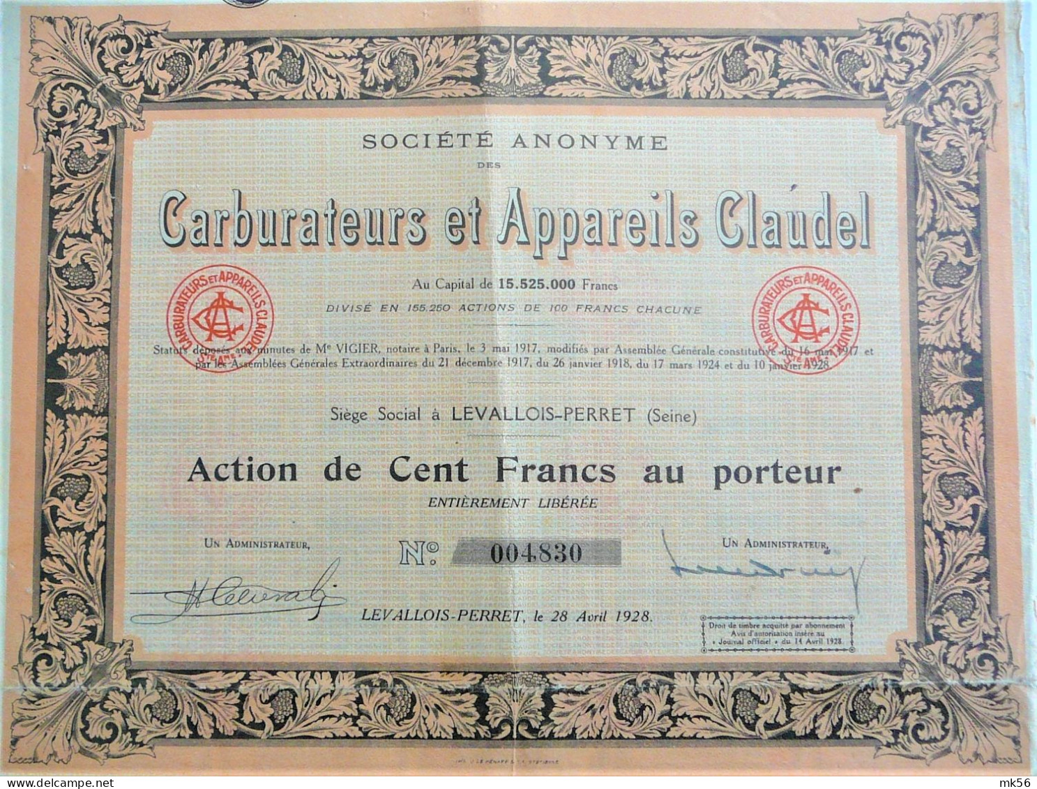 S.A. Carburateurs Et Appareils Claudel - Act. De 100fr Au P. (Levallois - Peret (Seine)) - Automobil