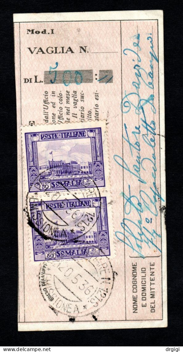 SOMALIA, INTERO POSTALE V2, RICEV. VAGLIA POSTALE, 1936 PM 121S EMISSIONE A RARO - Somalia