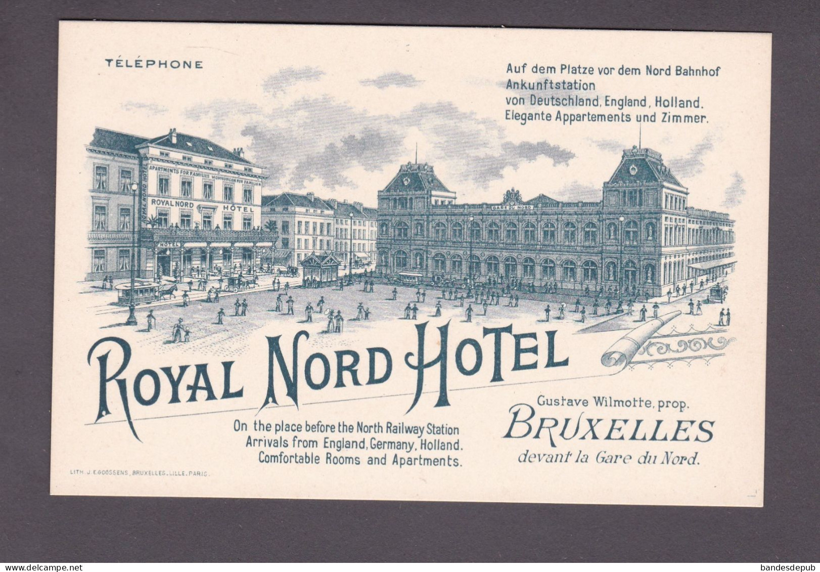 Carte De Visite Publicitaire Bruxelles Royal Nord Hotel ( Gare Du Nord Lithographie J.E. Goossens  58664) - Pubs, Hotels, Restaurants