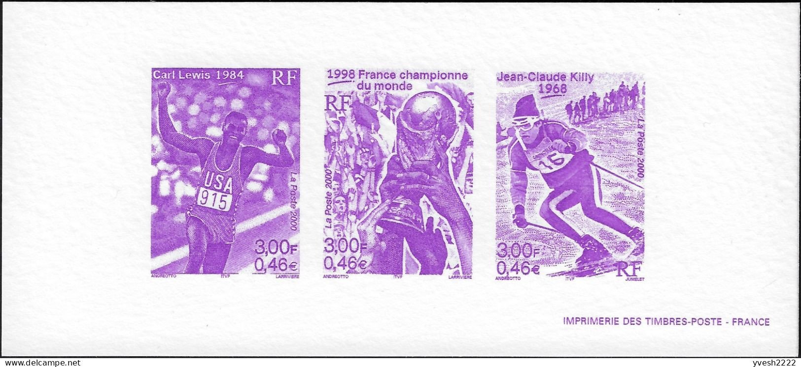 France 2000 Y&T 3313 à 3315, Feuillet De Luxe. Sports : Carl Lewis, Coupe Du Monde De Football, Jean-Claude Killy - 2002 – Corée Du Sud / Japon