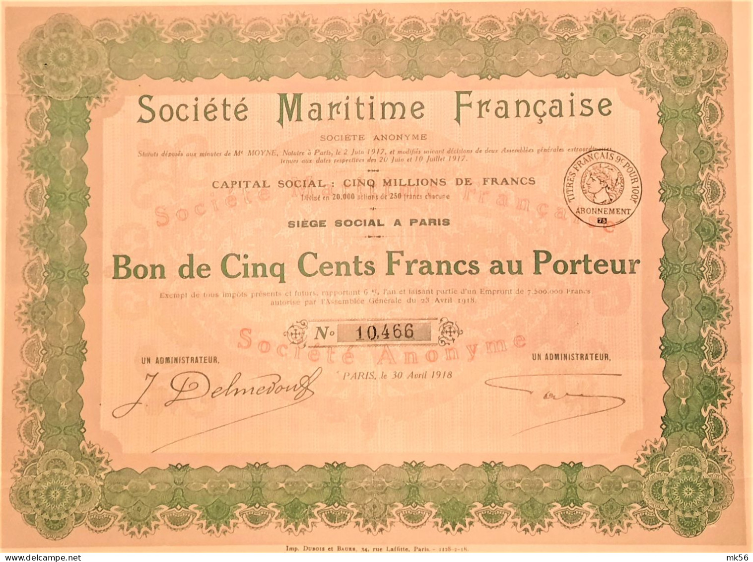 Société Maritime Française - 1918 - Paris - Bon De 500 Francs Au Porteur - Schiffahrt