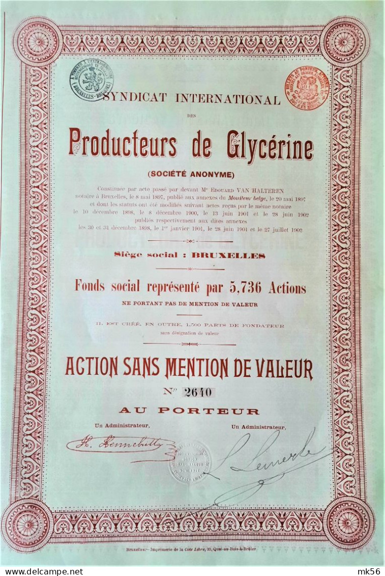 Syndicat International Des Producteurs De Glycerine - 1902 - Bruxelles - Action Sans Mention De Valeur - Industrie