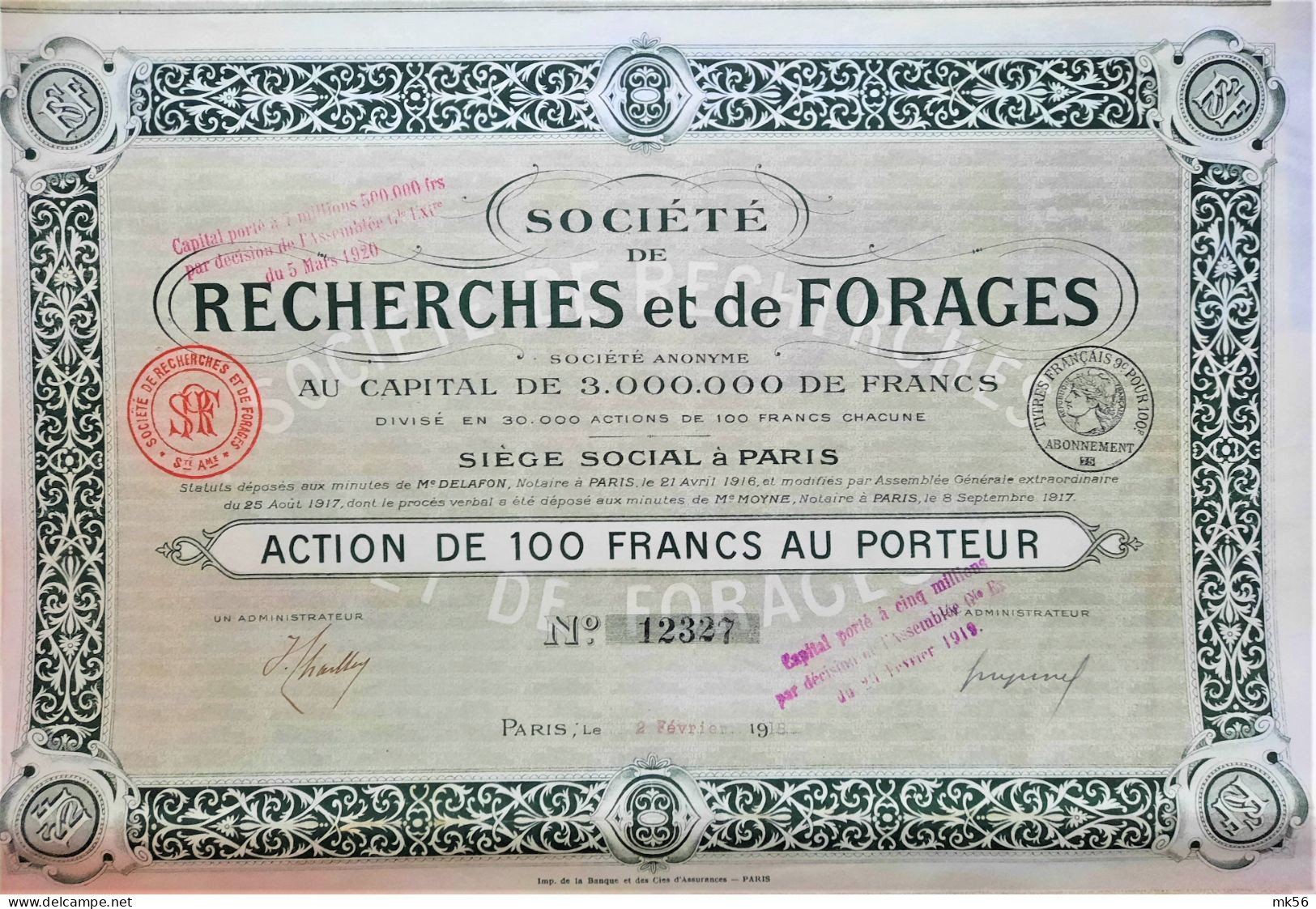 Societe De Recherche Et De Forages - Paris - 1917 - Action De 100 Francs - Agricoltura