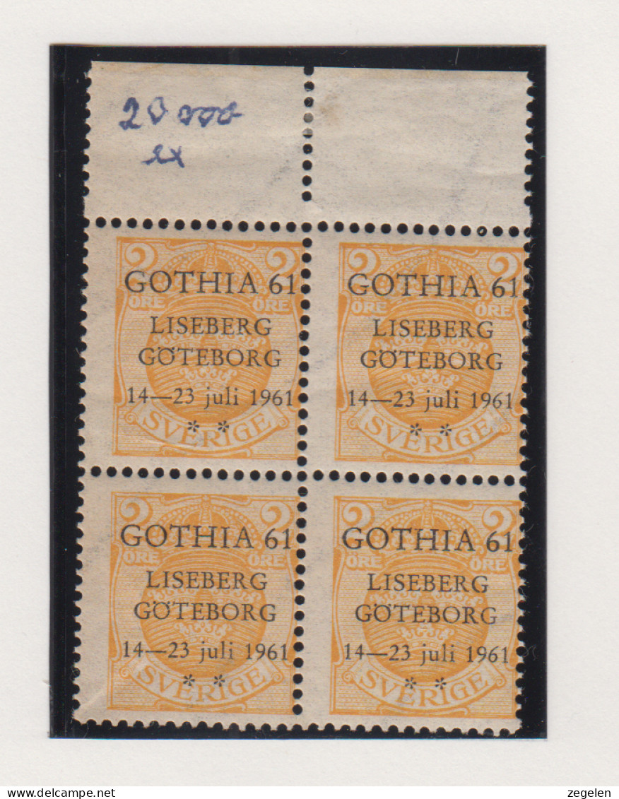 Zweden Michel-cat. 58 In Blok Van 4 Met Zwarte Privé-opdruk Voor Postzegeltentoonstelling Gothia 61 - Neufs