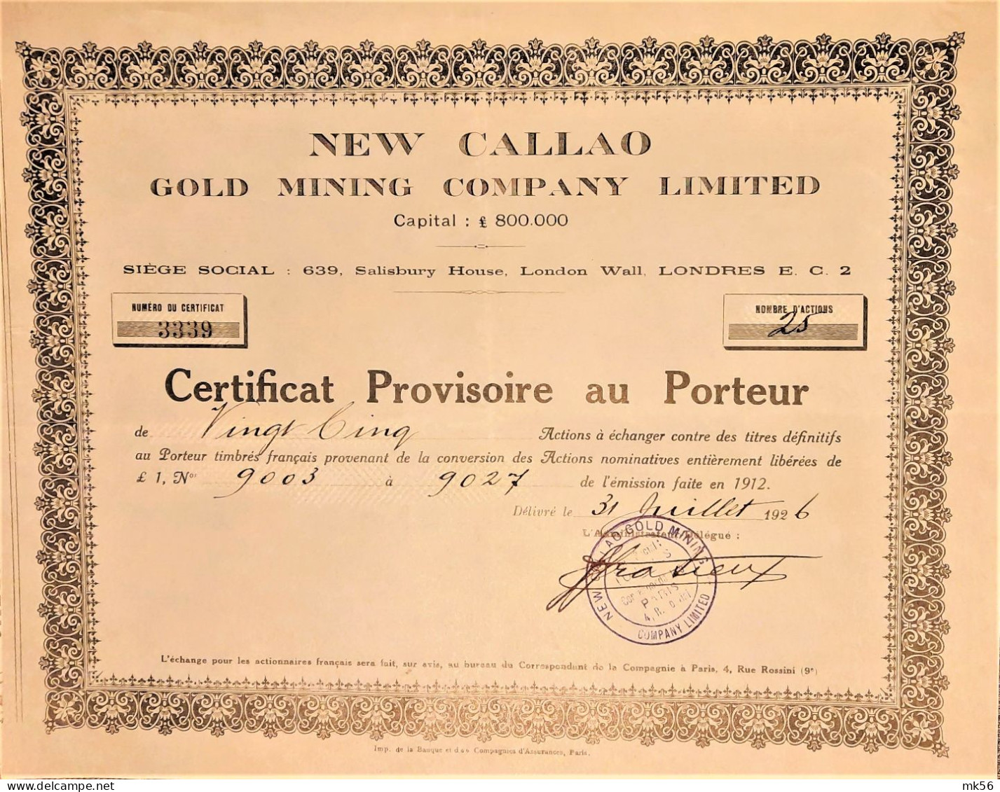 New Callao Gold Mining  Company Ltd (1926) - Certificat Provisoire Au Porteur - Mines