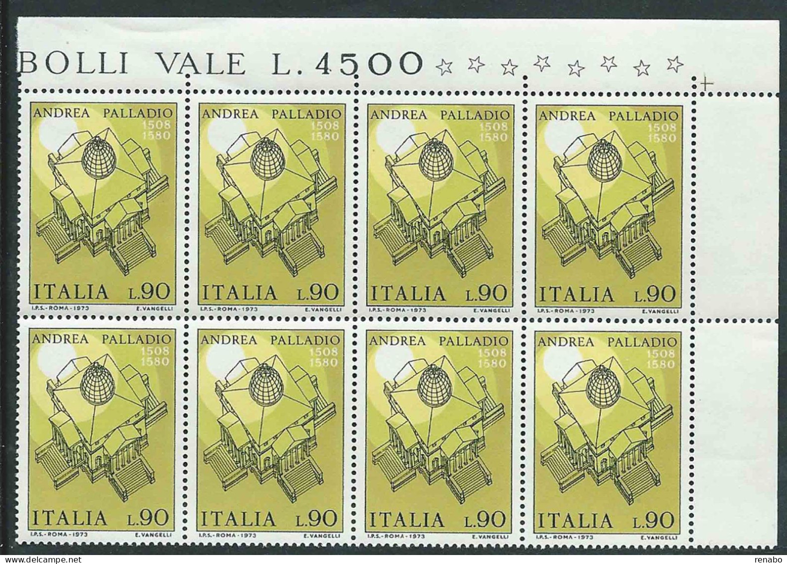 Italia 1973; Andrea Palladio, Architetto Costruì La Rotonda; Blocco Di Angolo Superiore X 8 Valori. - 1971-80:  Nuovi