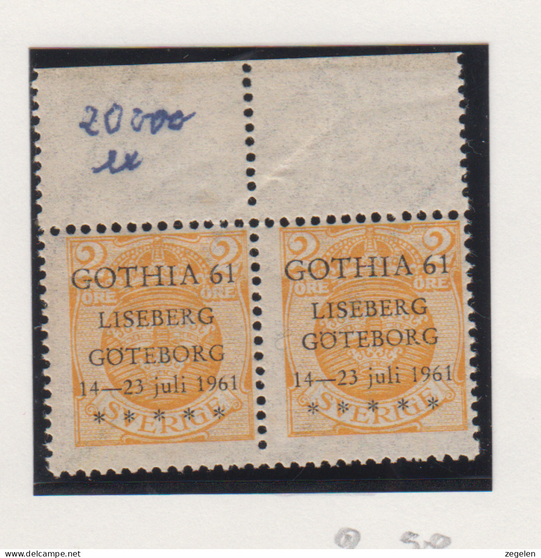 Zweden Michel-cat. 58 In Paar Met Zwarte Privé-opdruk Voor Postzegeltentoonstelling Gothia 61 - Ungebraucht