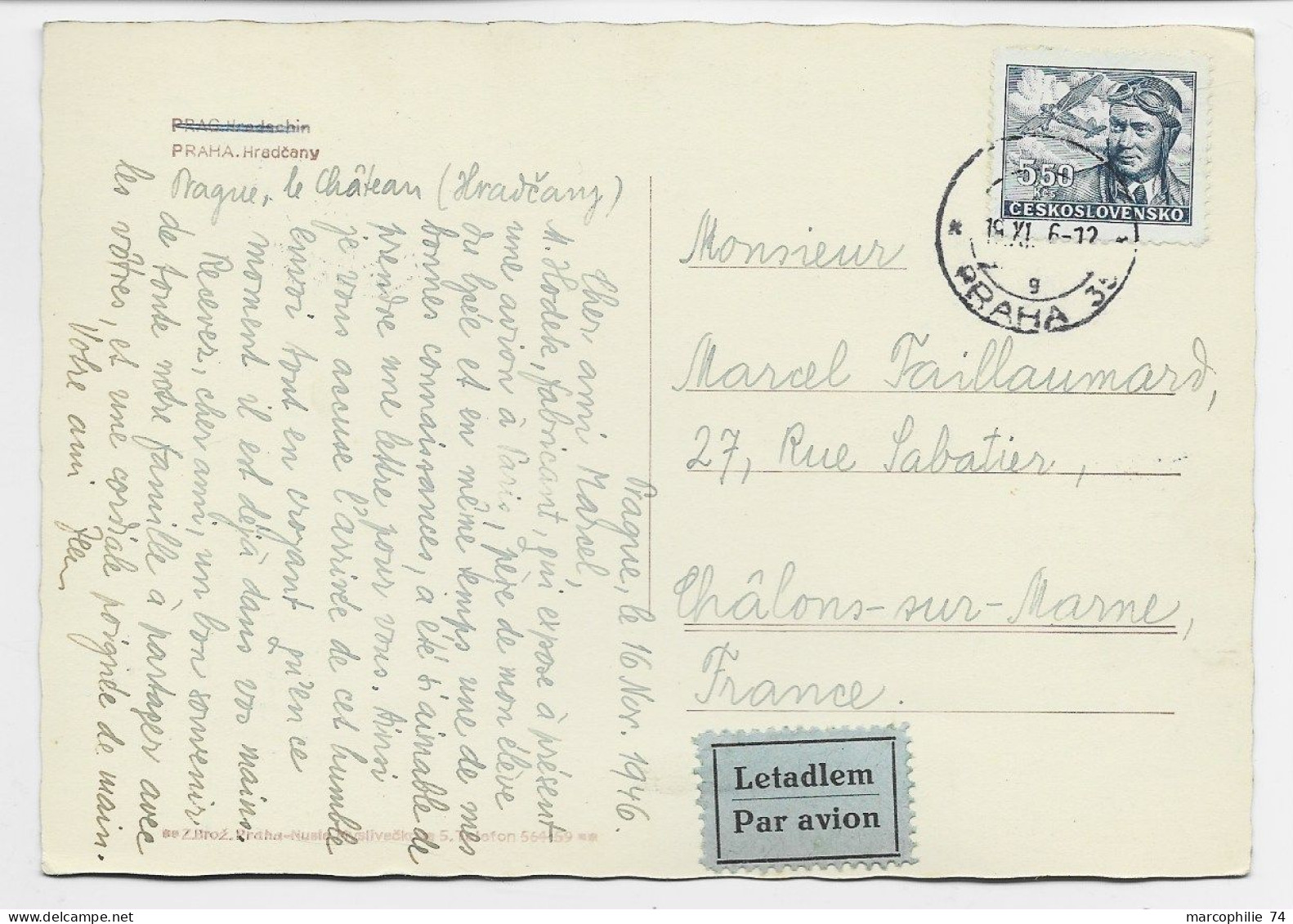 CESKOSLOVENSKO  PA 5.50 CARTE CARD AVION PRAHA 1946  + RECTO  1.50  TO FRANCE - Briefe U. Dokumente