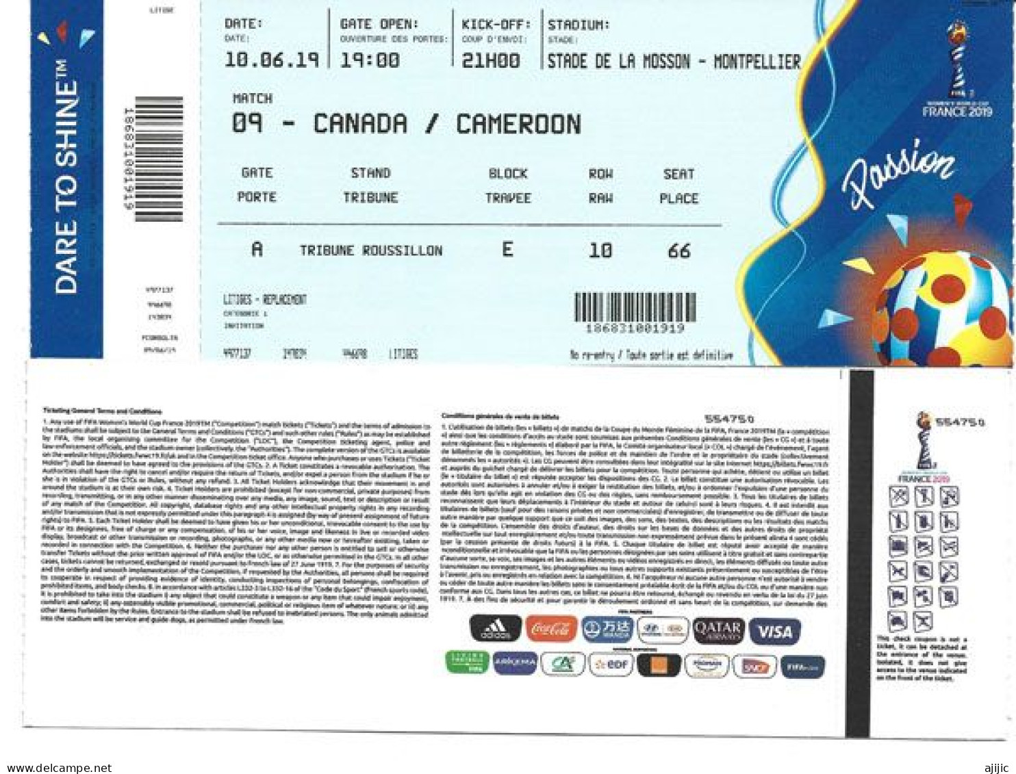 FIFA Women's World Cup FRANCE 2019. CANADA VS CAMEROON  .Stade De La Mosson.Montpellier 10 June.Ticket - Eintrittskarten