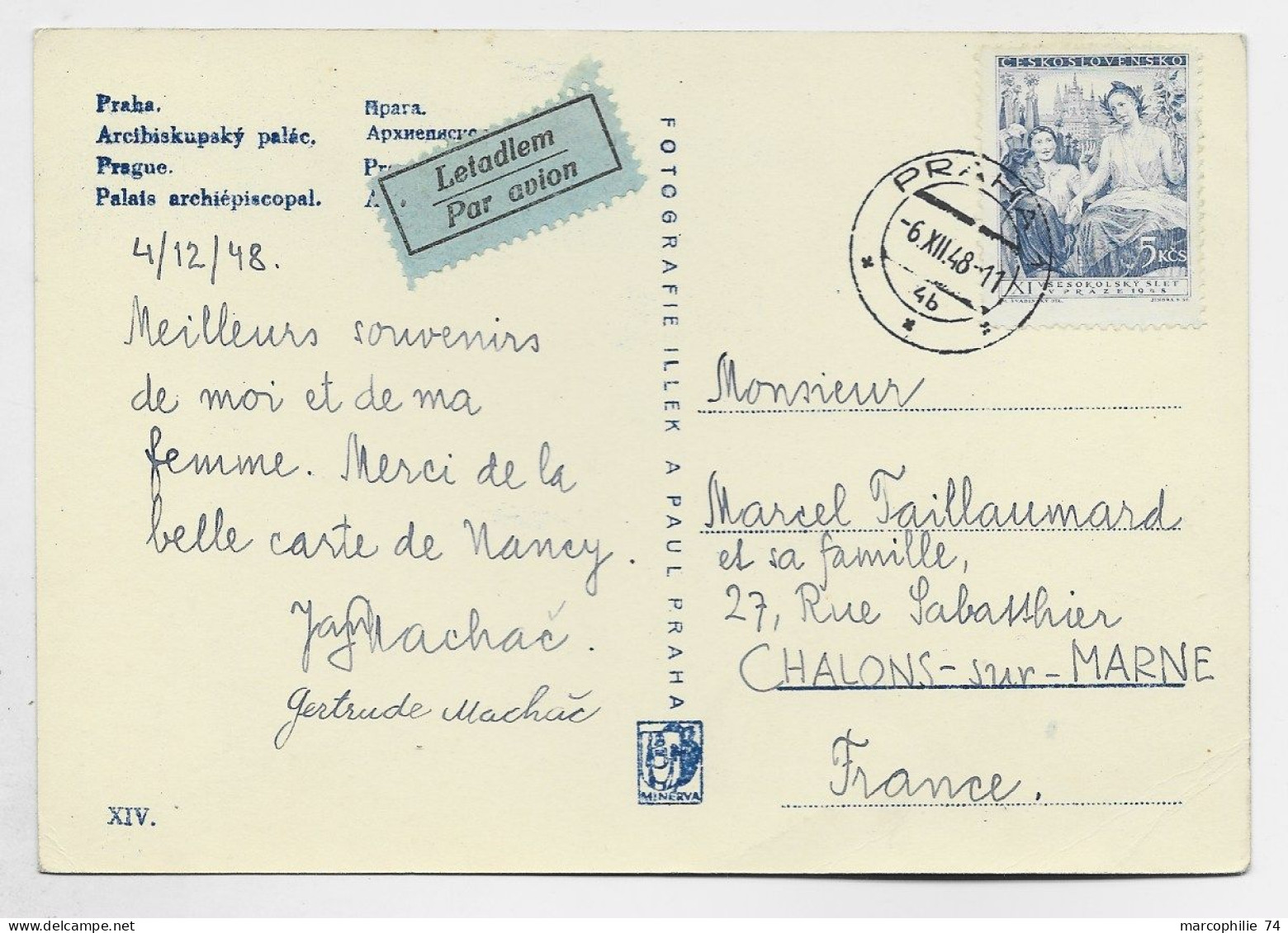 CESKOSLOVENSKO  5KCS SOLO  CARTE CARD AVION PRAHA 1948  TO FRANCE - Briefe U. Dokumente