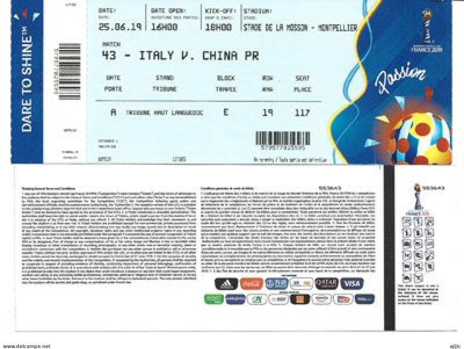 FIFA Women's World Cup FRANCE 2019. ITALY Vs CHINA .Stade De La Mosson.Montpellier 25 June.Ticket - Tickets - Entradas