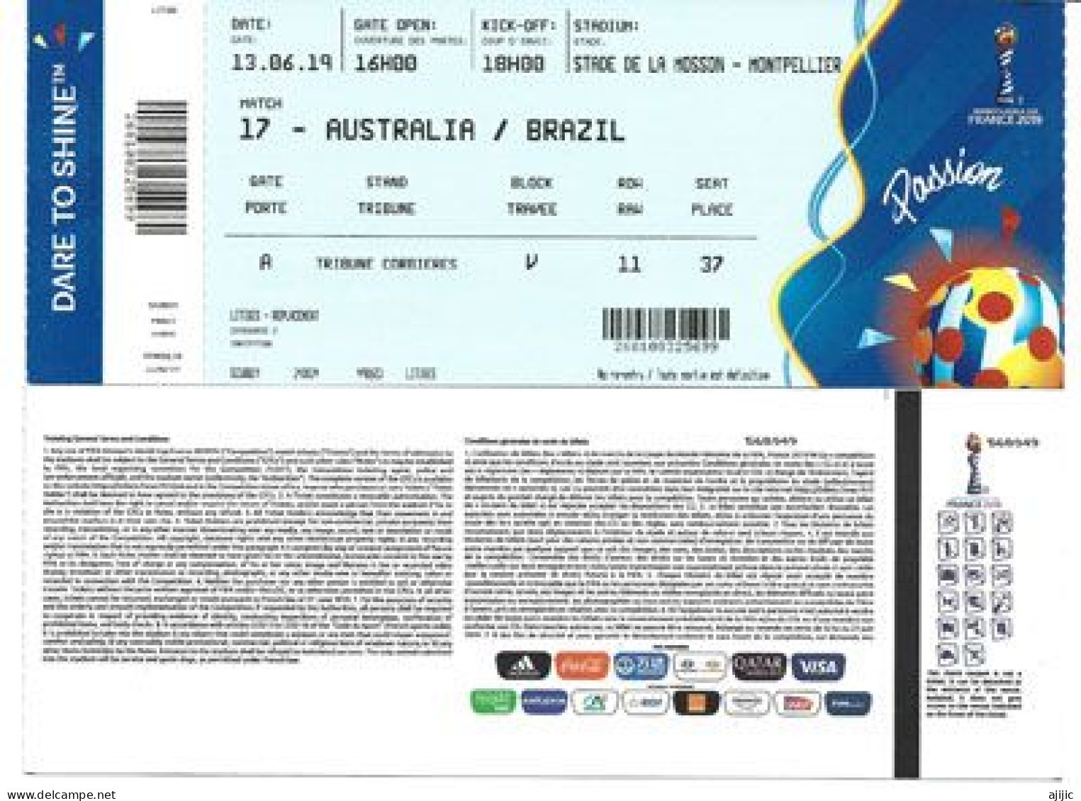 FIFA Women's World Cup FRANCE 2019.AUSTRALIA Vs BRAZIL.Stade De La Mosson.Montpellier 13 June.Ticket - Tickets - Vouchers