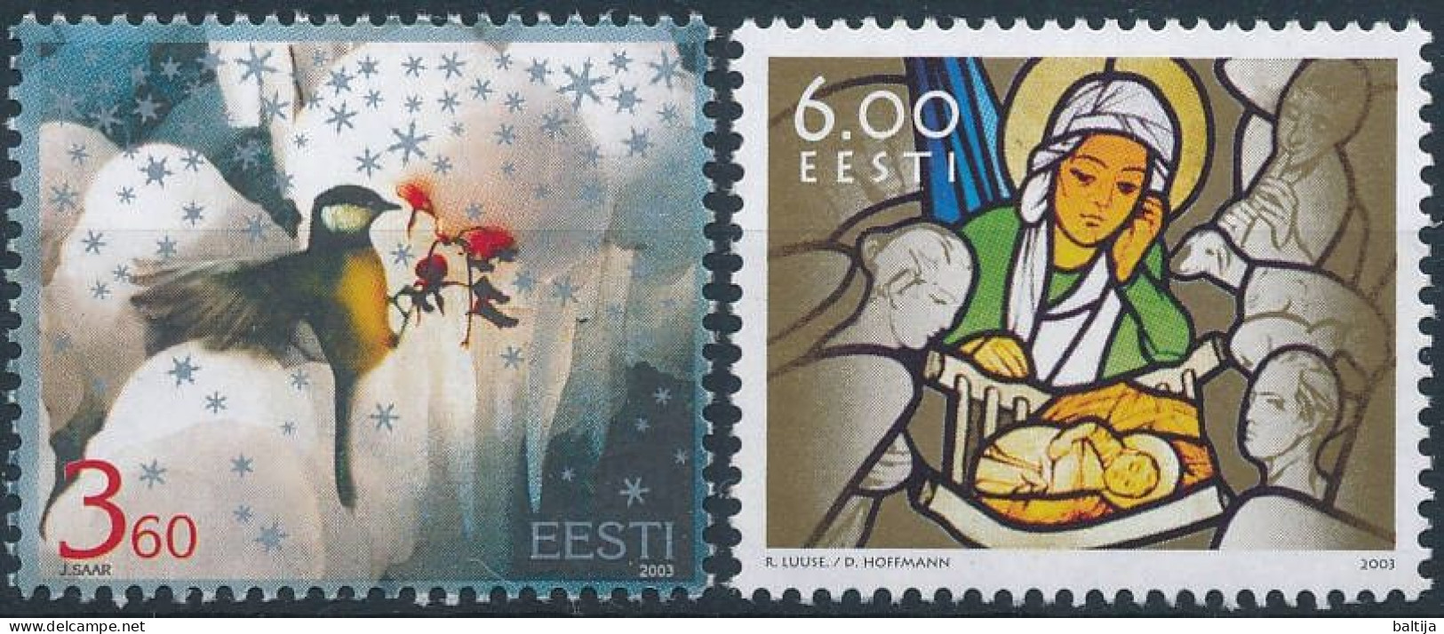 Mi 474-475 MNH ** / Christmas, Bird, Great Tit, Nativity Scene, Stained Glass Window, Dolores Hoffmann - Estonia