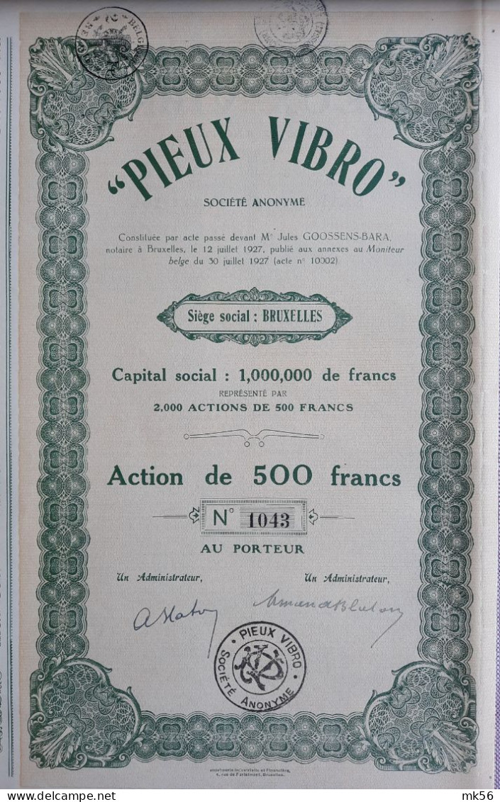 Pieux Vibro - Action De 500 Francs - 1927 - Bruxelles - Industrie