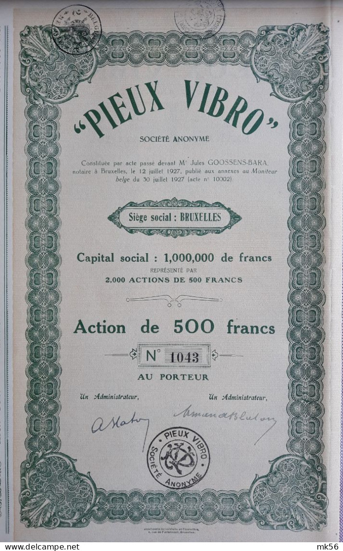 Pieux Vibro - Action De 500 Francs - 1927 - Bruxelles - Industrial