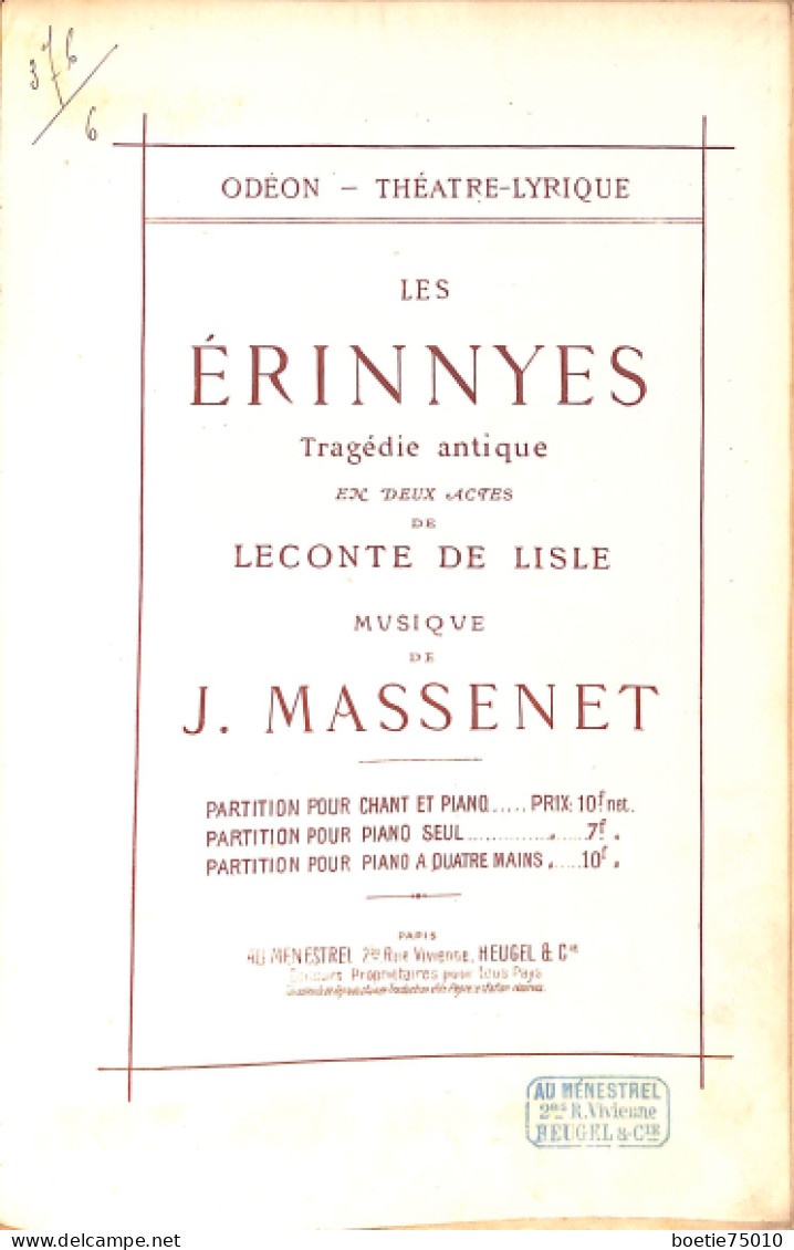 Les Erinnyes. Tragédie Antique De J. Massenet. Partition Ancienne. - Partitions Musicales Anciennes