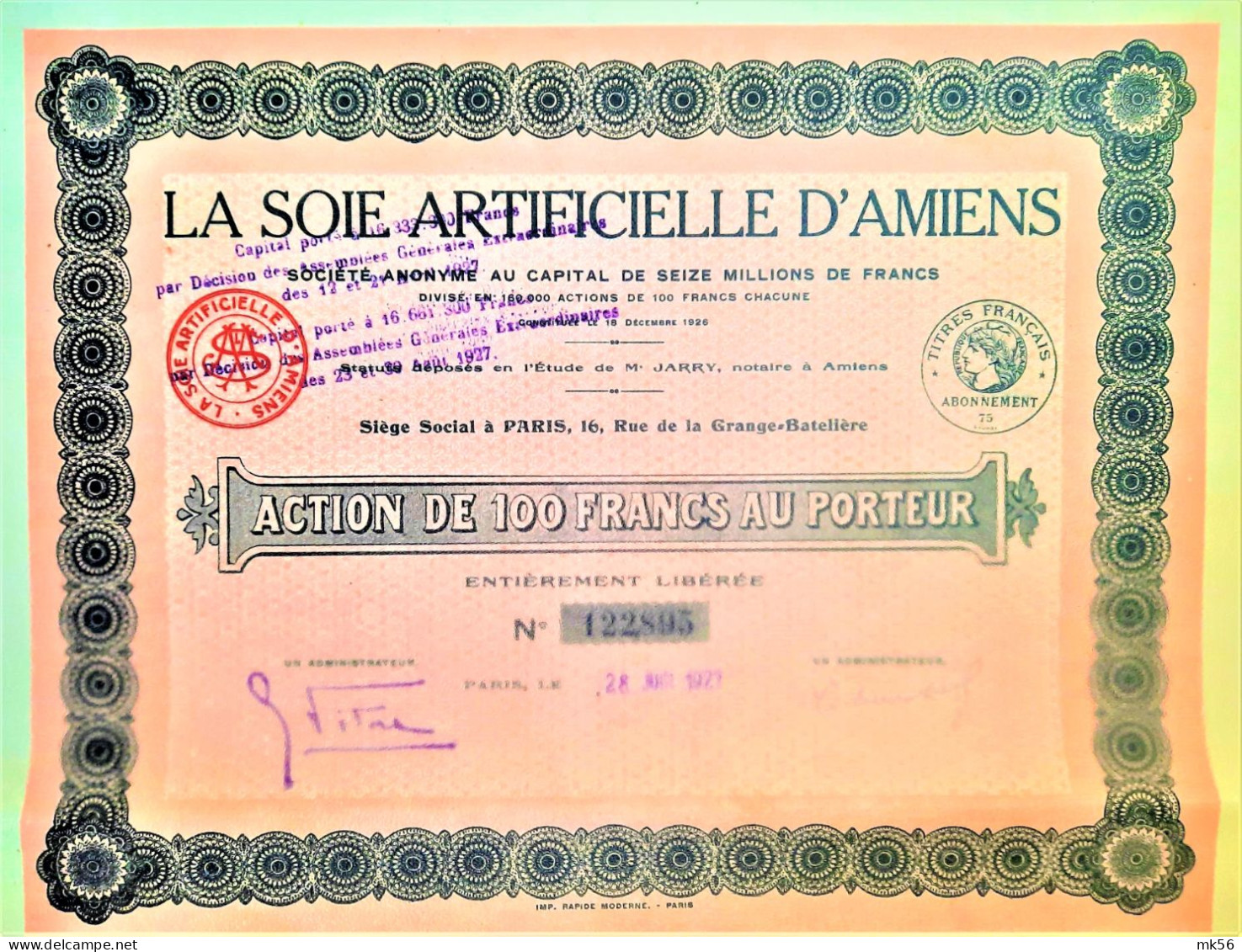 La Soie Artificielle D'Amiens - 1927 - Paris - Action De 100 Francs Au Porteur - Textile