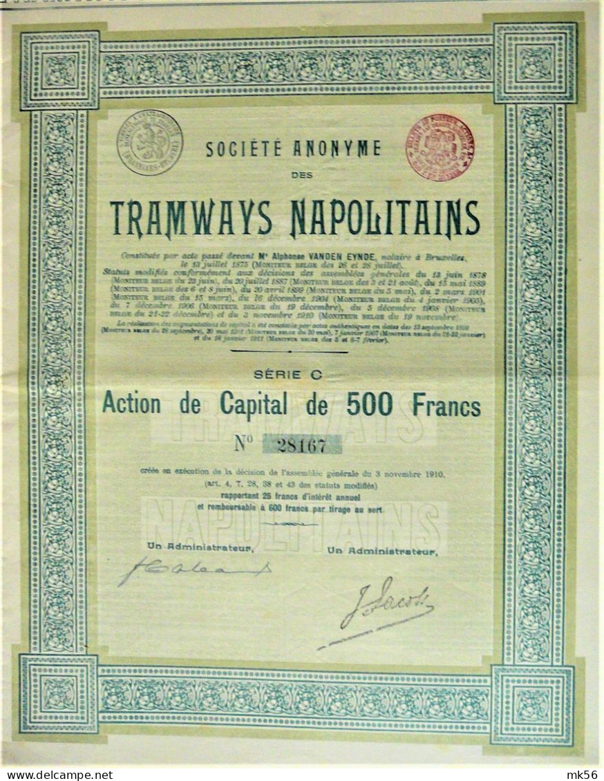 S.A. Des Tramways Napolitains - Action De Capital De 500 Fr (1910) - Ferrocarril & Tranvías