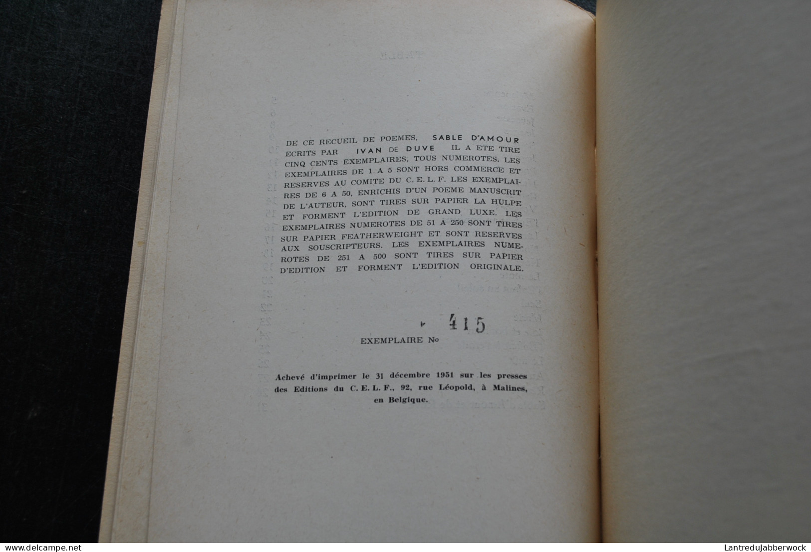 IVAN DE DUVE Sable D'amour Les Cahiers De La Tour De Babel N°44 1951 Tirage Numéroté 415/500 Limité Poète Belge - Autres & Non Classés