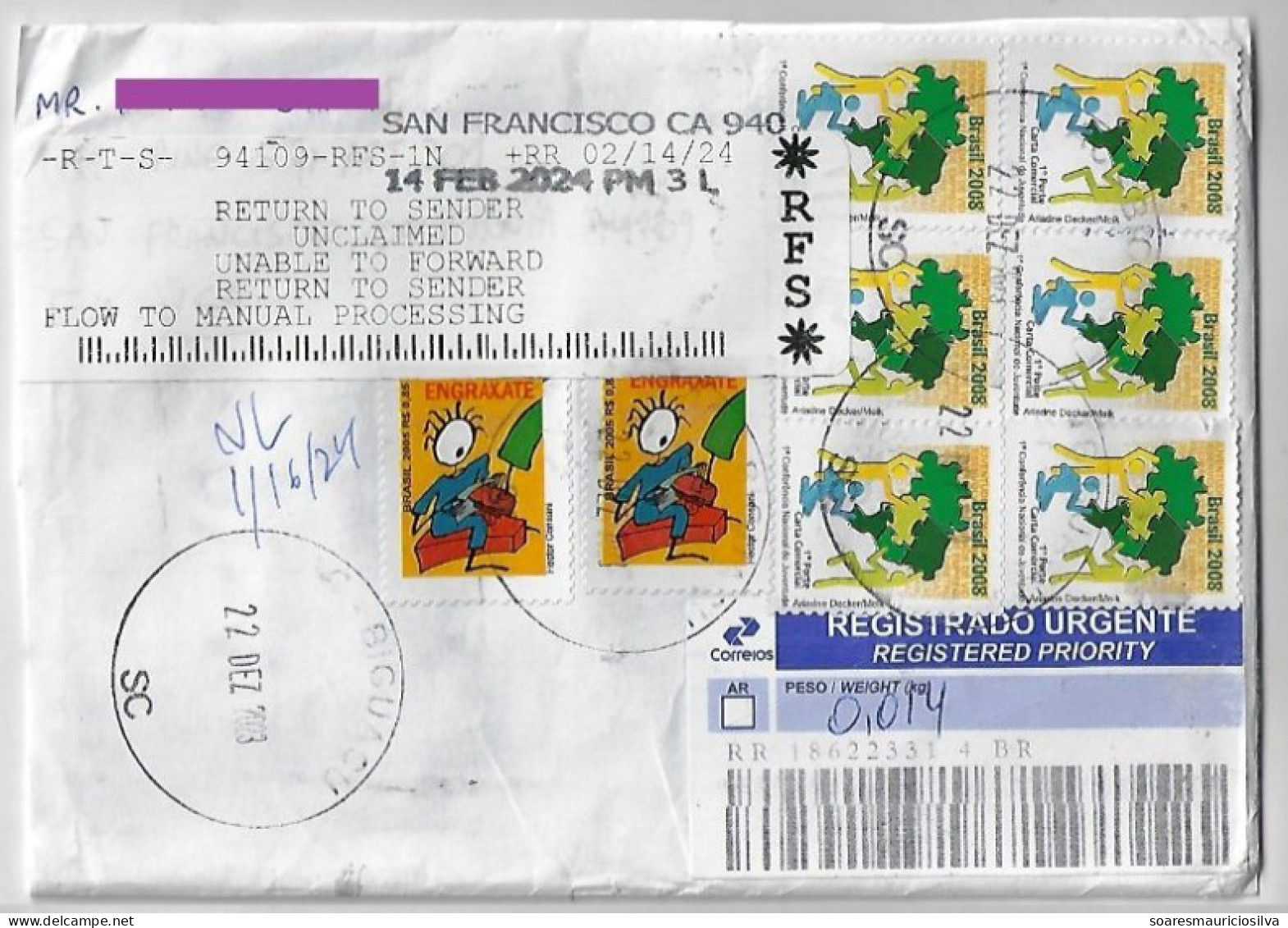 Brazil 2024 Registered Cover To USA Stamp 1st National Youth Conference Returned To Sender Electronic Sorting Mark - Lettres & Documents