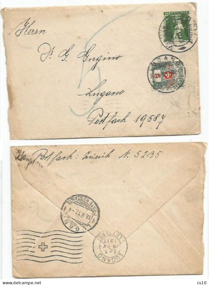 Suisse Zurich 23may1917 CV With Tell C5 To Lugano Postfach Taxed P.Due C.5 - Impuesto