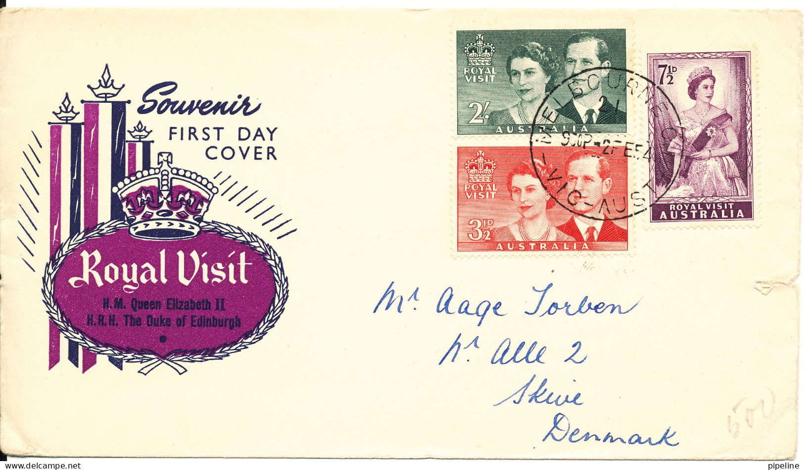 Australia FDC 2-2-1954 Royal Visit Complete Set Of 3 With Cachet Sent To Denmark Tear In The Right Side Of The Cover - Primo Giorno D'emissione (FDC)