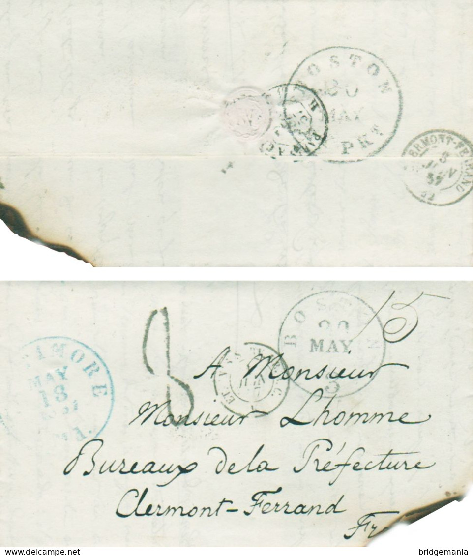 MTM077 - 1857 TRANSATLANTIC LETTER USA TO FRANCE Steamer EUROPA - UNPAID - Storia Postale