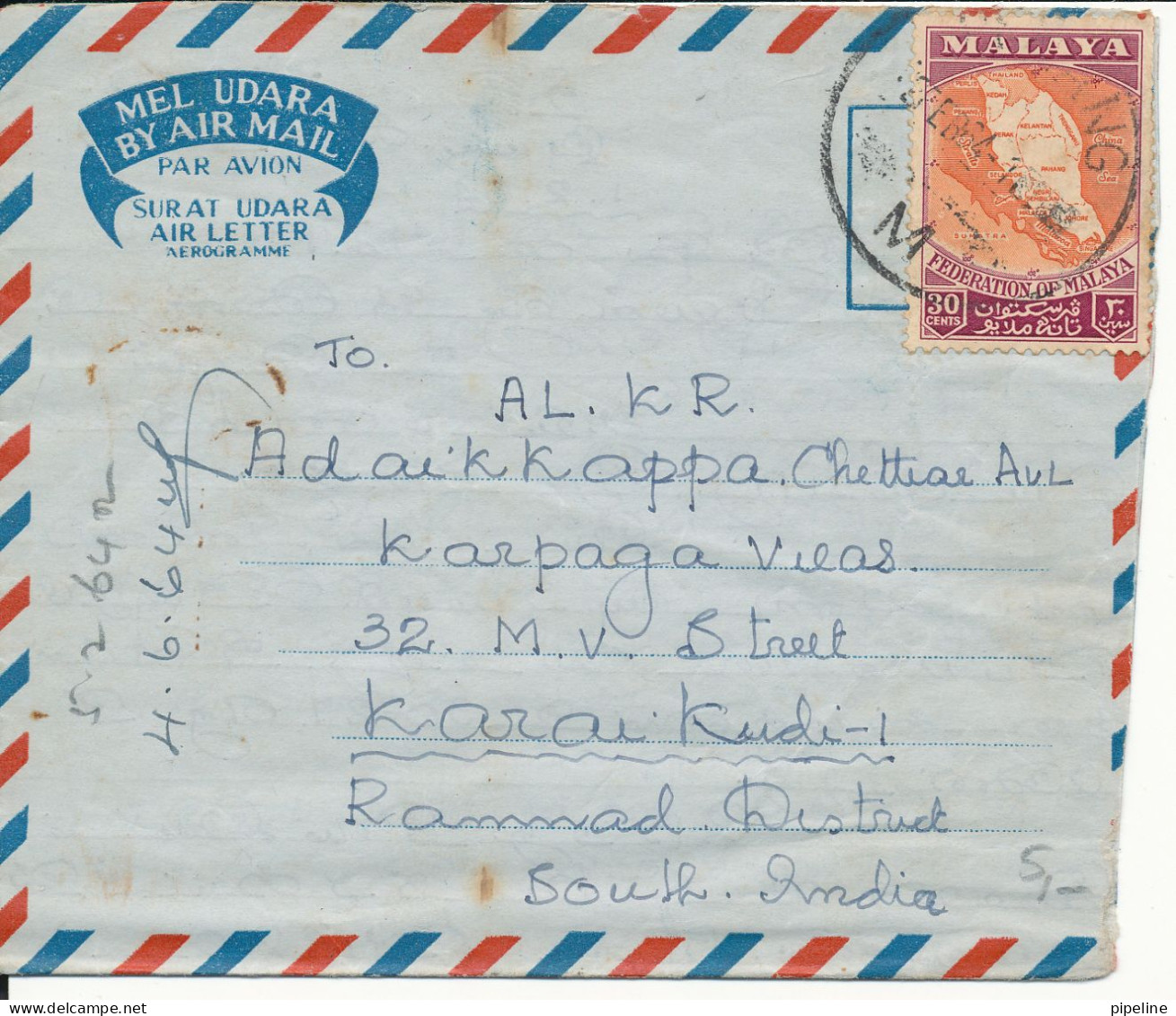 Malaya Aerogramme Sent To South India 2-2-1964 MAP On The Stamp - Malaysia (1964-...)