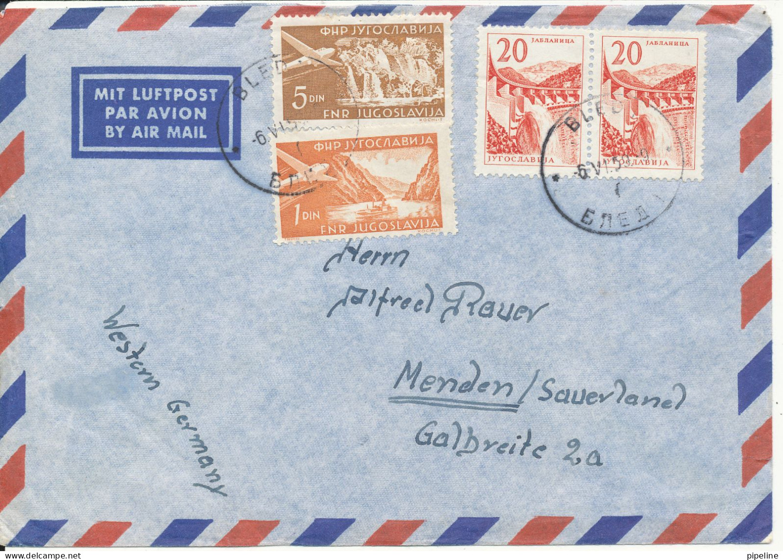 Yugoslavia Air Mail Cover Sent To Germany Bled 6-6-1959 - Luchtpost