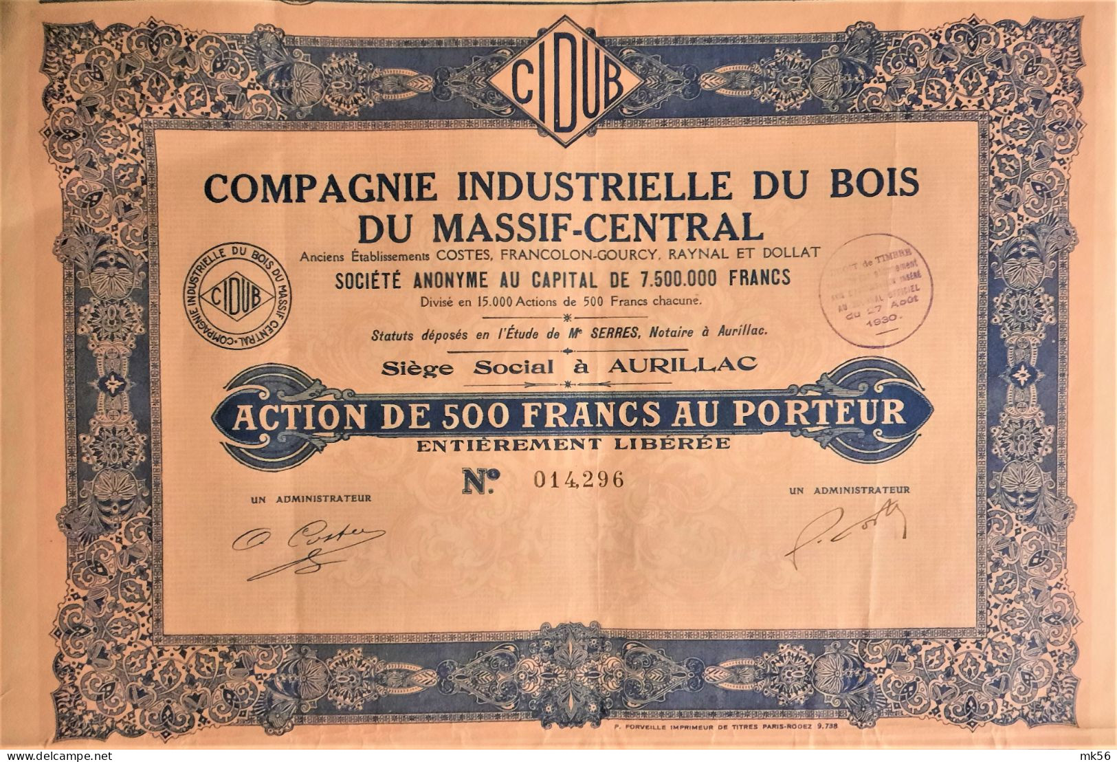 Compagnie Industrielle Du Bois Du Massif-Central -1930 - Aurillac - Agriculture