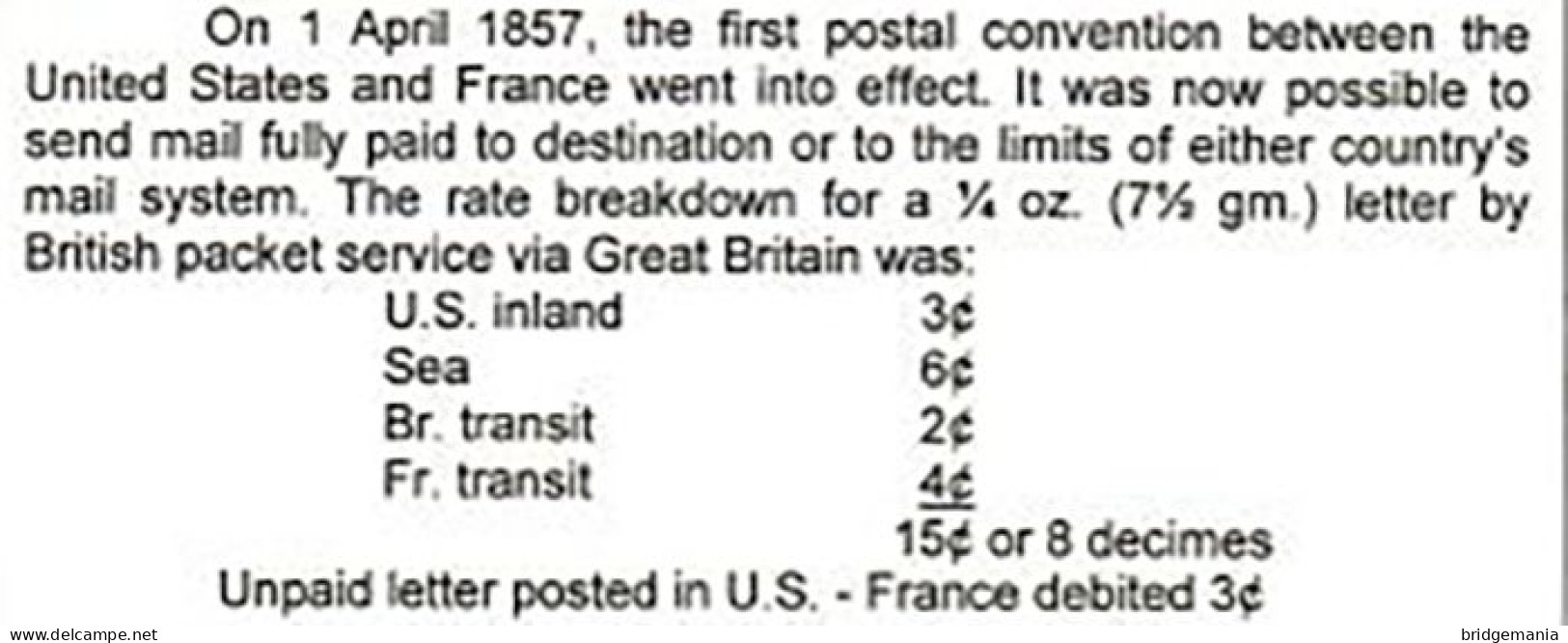 MTM078 - 1857 TRANSATLANTIC LETTER USA TO FRANCE Steamer PERSIA - UNPAID 4 RATE - Storia Postale