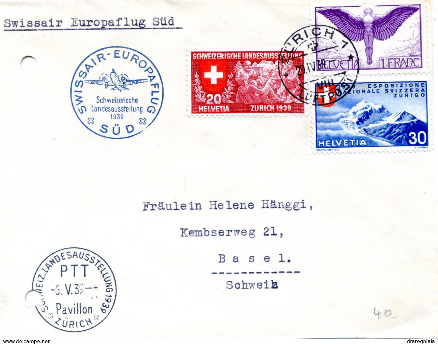 Lettre De Zurich Pour Basel - Cachet Swissair Europaflug Sud - Schweizerische Landesausstellung 1939 - Eerste Vluchten