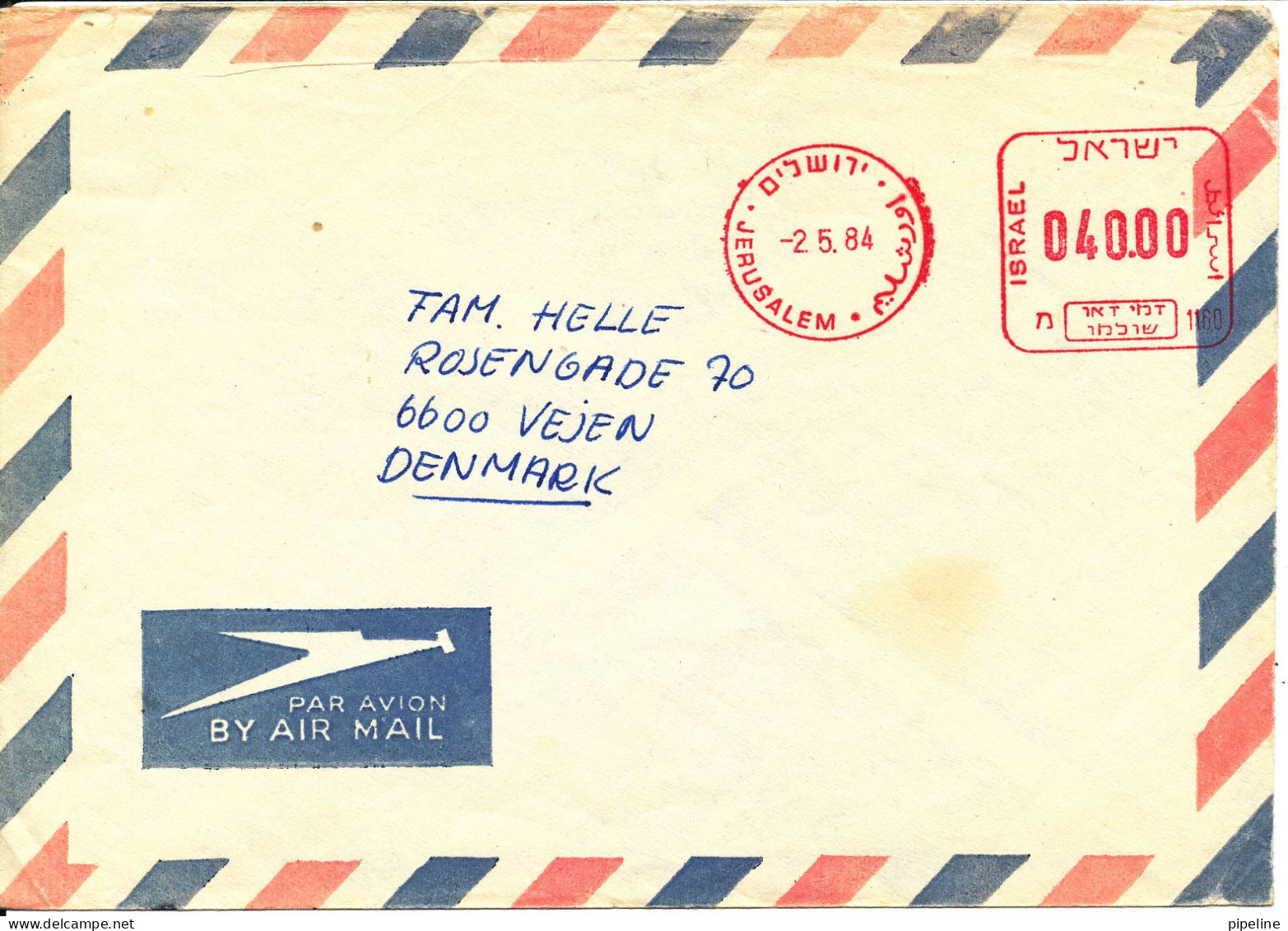 Israel Air Mail Cover With Meter Cancel Jerusalem 2-5-1984 Sent To Denmark - Airmail